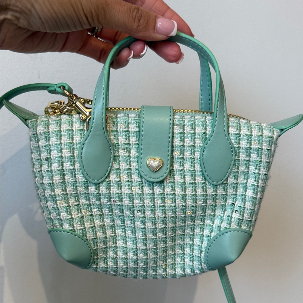 Stone clover lane Mint Tweed Mini Tote Bag with Heart Accent